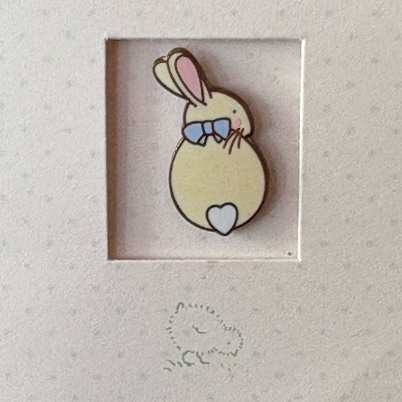 Tiny little bunny pin with pink ears, a blue bow, and white “heart” cottontail - Picture 6 of 12
